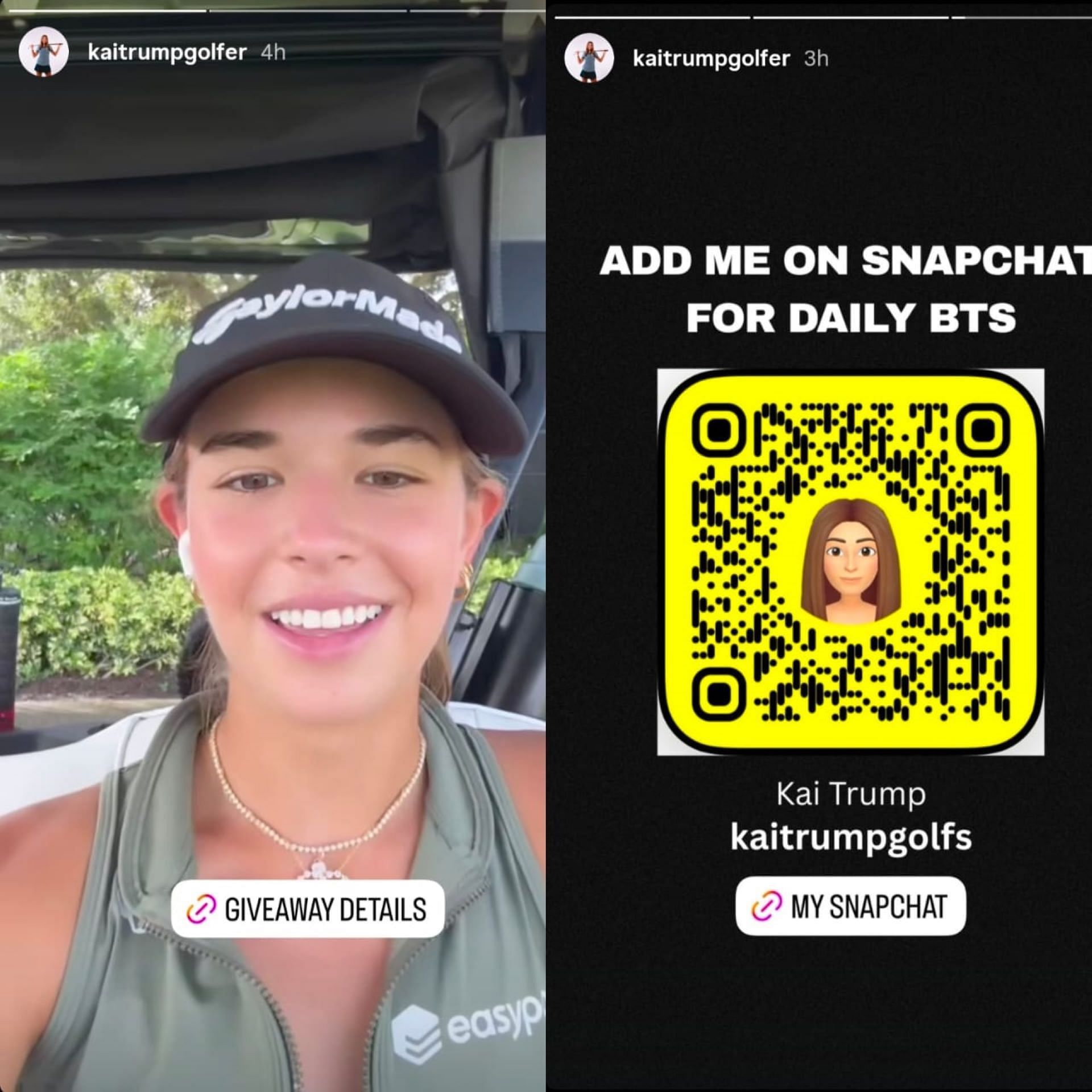 Screenshot from Kai Trump’s Instagram story announcing her $1,899 TaylorMade giveaway (via @kiatrumpgolfer)